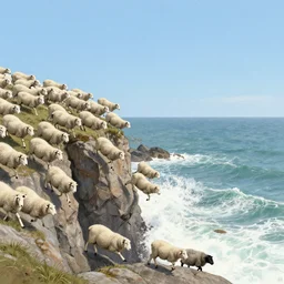 a hundred white sheep running fast in the direction of a cliff and we can see them falling like lemmings down the rocks below to the sea and the crashing white waves, there is one single black sheep going against the crowd, clear blue skies, old colored sketching, lateral sideways horizon panoramic shot