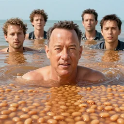 portrait of tom hanks swimming in baked beans, an ocean filled of baked beans, charlie bowater, artgerm, ilya kuvshinov, krenz cushart, ruan jia, realism, ultra detailed, 8 k resolution