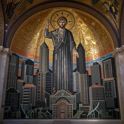 byzantine mosaic of a 3 d futuristic city, terracotta black scheme, muted colors