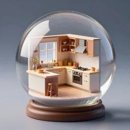 mini model of a kitchen inside crystal ball, octane render hyperdetailed,