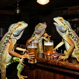 flash photo of lizard people in a bar, laughing and drinking beers.