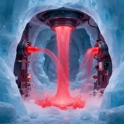 liquid nitrogen with red water-cooling coolant flowing through latent representations of ice caverns by centrifugal forces, gaming pc circuitry sticking out the walls!!!!, high detail, high contrast!, low-poly elements!!!, trending on artstation, octane render, subsurface scattering, ray-tracing, 4k