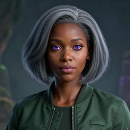 black woman with grey bob hairstyle, purple eyes, wearing dark green bomber jacket, realistic 4 k octane beautifully detailed render, 4 k post - processing, highly detailed, intricate complexity, epic composition, magical atmosphere, cinematic lighting, masterpiece, ultra hd