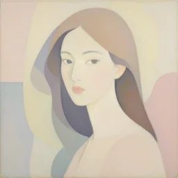 A abstract painting in the style of Tatsuro Kiuchi, flat colour-block style, soft organic shapes, portrait of beautiful woman, modern pastel colours