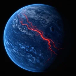 a picture of an alien planet, taken from orbit, dark blue planet, red narrow lava rivers, astronomical imaging - n 9