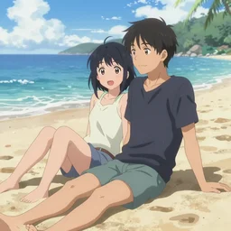 an anime couple relaxing on the beach, advanced digital art