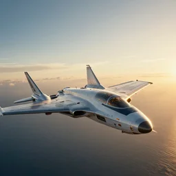 futuristic sci - fi aircraft flying over the sea in the style of gundam, cinematic composition, hollywood, top gun, golden hour