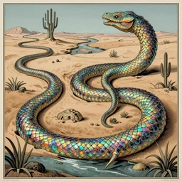 desert river serpentine crinoid monster with reptilian iridescent tile scales, maximalist art nouveau, cgsociety, artstation by gustave dore and tyler edlin