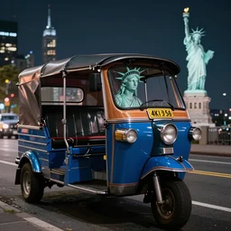 an open frame blue tuk tuk going through a desolate manhattan city street at night, statue of liberty seen in the background, realistic 4 k octane beautifully detailed render, 4 k post - processing, highly detailed, detailed face, intricate complexity, epic composition, magical atmosphere, cinematic lighting, masterpiece, color picture, ultra hd