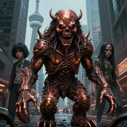 scariest horror nightmare monster by beksinski and junji ito and horiyoshi iii, toronto downtown. digital art, deepdream trending on artstation, metallic colors, oxidized copper, photorealistic, octane, hyper detailed, trending on deviantart, sharp focus, photography, unreal engine