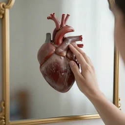 touching your heart in the reflection in a mirror hyperrealism