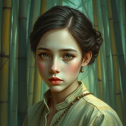 portrait of a beautiful girl, bamboo forest, sad, pastel shades of light blue and light yellow, beautiful face, rule of thirds, intricate outfit, spotlight, by greg rutkowski, by jeremy mann, by francoise nielly, by van gogh, digital painting