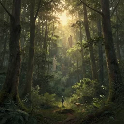 Bird view of a forest, lit by the light of gods, sunrise, hyper detailed, artstation, cgsociety by greg rutkowski and by Gustave Dore