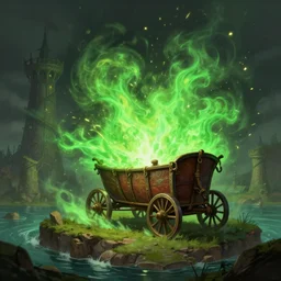 wagon explodes with green flames, on island, tower in background, d & d, fantasy, dark setting, detailed digital painting, dungeons and dragons, trending artstation