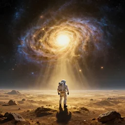 a lonely astronaut on a amazing alien landscape and the universe, digital art, breathtaking, golden ratio, extremely detailed, establishing shot, hyperrealistic, cinematic lighting, particles, unreal engine, simon stålenhag, rendered by Beeple, Makoto Shinkai, syd meade, simon stålenhag, Ruan Jia, Kentaro Miura, environment concept, artstation, octane render, 4K UHD image