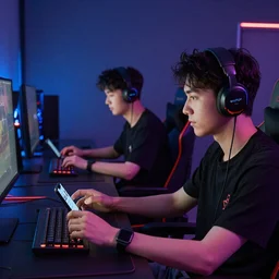 one is a mobile gamer, and the second is a computer gamer, they are in the same room, hd rendering, 4k