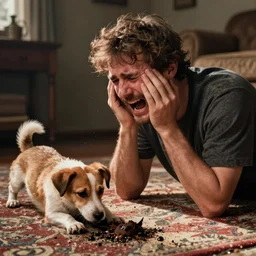 man crying because his dog just pooped on the carpet