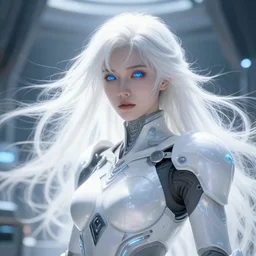 perfect white haired girl, warframe armor, beautiful, dreamy, pretty face, blue cyborg eyes, goddess, bright light, scifi, windy weather, futuristic laboratory, ultra realistic, intricate, glow, angel,, extreme details, focused, masterpiece, art by seunghee lee, blair armitage