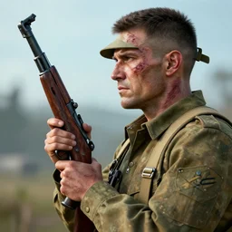 a veteran soldier with a lot of scars in the face holding a Kar98k, octane render, unreal engine 5, colorful, high detail, high quality, profile picture, 8k