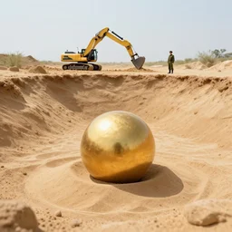 in the distance, in the center of a large sand pit, there is a large golden ball in the sand, a broken excavator and a man in military uniform standing nearby, stylization of a book illustration, high - quality, depth of sharpness, focus on the object