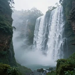 fantasy forest with giant waterfalls, surrealism, beautiful light, HDR, hazy, foggy, atmospheric perspective, volumetric fog, cinematic, 70mm lens, anamorphic lens flare, photographic, cinematography by roger deakins, in the style of ansel adams, low details,