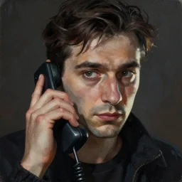 a bulgarian man on the phone, close up, rim lighting, portrait, sinister atmospheric lighting. highly detailed painting by greg rutkowski, anime style
