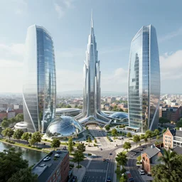 futuristic liege, belgium with glass buildings, domes, roads, trees, river, square, alley, volumetric light, hyperdetailed, artstation, cgsociety, 8 k