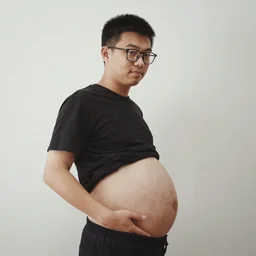 Artistic maternity photo of a heavily pregnant young Chinese man wearing glasses