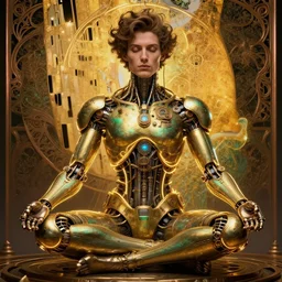 photo of a beautiful male meditating steampunk cyborg, is connected with glowing devices, golden glowing outlines, artwork by james jean, realistic gold and green metallic, jean delville, art nouveau, gustav klimt, ornate copper patina gothic icon, james jean, ultrasharp hyperdetailed photorealistic octane render