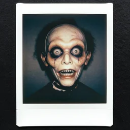 A highly detailed head and shoulders masterpiece color polaroid of a puppet horror, scary, terrifying, horrific,