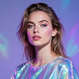 portrait of a woman inspired by lois van baarle, iridescent, holographic, neon, glowing, self confidence, light make up