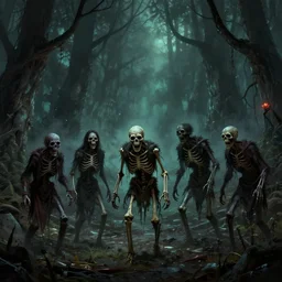 a group of dangerous skeletons and zombies in a forest at night, d & d, concept art, fantasy art