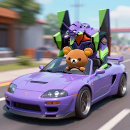 blurry photograph of 9 0 s need for speed street racer car in the style of a neon genesis evangelion eva - 0 2, convertible car being driven cuddling a togepi rilakkuma