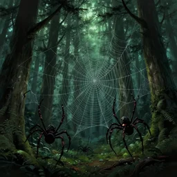 The Spider Thicket, dense coniferous forest. Spiders, massive spider webs, creepy, spooky, scary, anime, lush trees, a fantasy digital painting by Greg Rutkowski and James Gurney, trending on Artstation, highly detailed