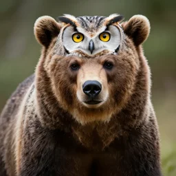 An animal that has the body of a bear and the head of an owl, The animal has the body of a bear, with fur,  the bear is brown, it's owls head has feathers, the owls face eyes are yellow , 8k, ultra realistic, professional photography