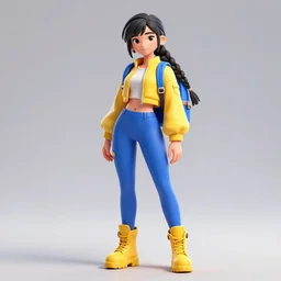 bad girl anime style with black hair and a long braid. Short yellow jacket, blue leggings, yellow boots with a blue backpack. Athletic, stylish, model sheet, 3d render, videogame, concept art, blender, trending on artstation