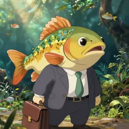 anthropomorphic trout in suit with briefcase on way to work, business fish, miyazaki, fish face, studio ghibli, movie still, lush background, cinematic, detailed, piscine yuppie, anime