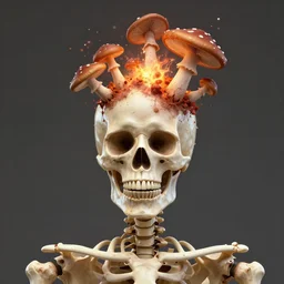 art portrait of skeleton with mushrooms exploding out of head,8k,by tristan eaton,Stanley Artgermm,Tom Bagshaw,Greg Rutkowski,Carne Griffiths,trending on DeviantArt,face enhance,hyper detailed,minimalist,cybernetic, android, blade runner,full of colour,