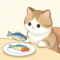 a cute painting of a cat that wants to steal a fish from a dinner plate