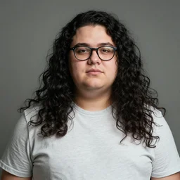 a ((chubby man)) with glasses and long curly black hair