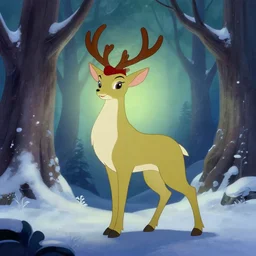 magical fae animal spirit in the winter woods. limited palette, western 2 d animation from the 2 0 1 0 s, backlighting, bold composition, depth of field.