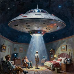 classic oil painting, a flying saucer ufo hovering in the air, inside a cluttered bedroom at night, abduction beam, highly detailed, digital illustration, concept art, smooth, sharp focus, art by tim hildebrandt, and alex grey