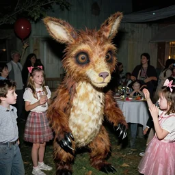 1 9 5 0's photograph of eerie animatronic animal at birthday party