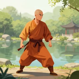 kung fu monk walking near a pond, digital art, trending on artstation