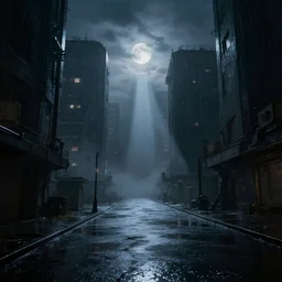 night vision street moebius sci fi abandoned cityscape ; rain, mist, cloud, moonbeams light