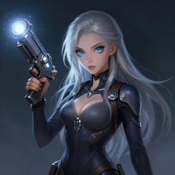pleiadian woman with big eyes and long silver hair wearing a dark body suit and wielding a plasma gun as a realistic sci fi d & d character, portrait art by donato giancola and greg rutkowski, digital art, trending on artstation