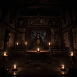 photograph of a haunted noh theater, creepy, dark, foreboding, dread, candlelight, low light