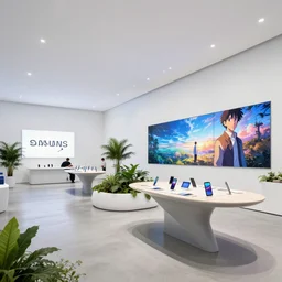 ( ( ( eames, saarinen inspired flagship samsung store, white walls. concrete floor. low ceilings with spots. curved furniture, large digital screens. display tables with phones and tablets, lush plants, large digital screens on the walls ) ) ) concept art, john berkey, beeple, wlop, makoto shinkai, yoji shinkawa, wadim kashin, artstation, 4 k