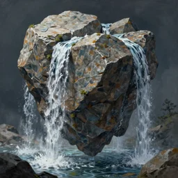 A beautiful concept art painting of a giant levitating stone with waterfalls falling off its edges, by Natasha Tan, trending on artstation, dramatic lighting