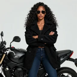 Picture of a gorgeous female biker, tough, dark skin, jet black tuffe coat, aviator shades, dark blue jeans, long curly hair, serious look, model proportions, armfold pose, smooth, sharp focus, highly detailed, digital illustration, artstation